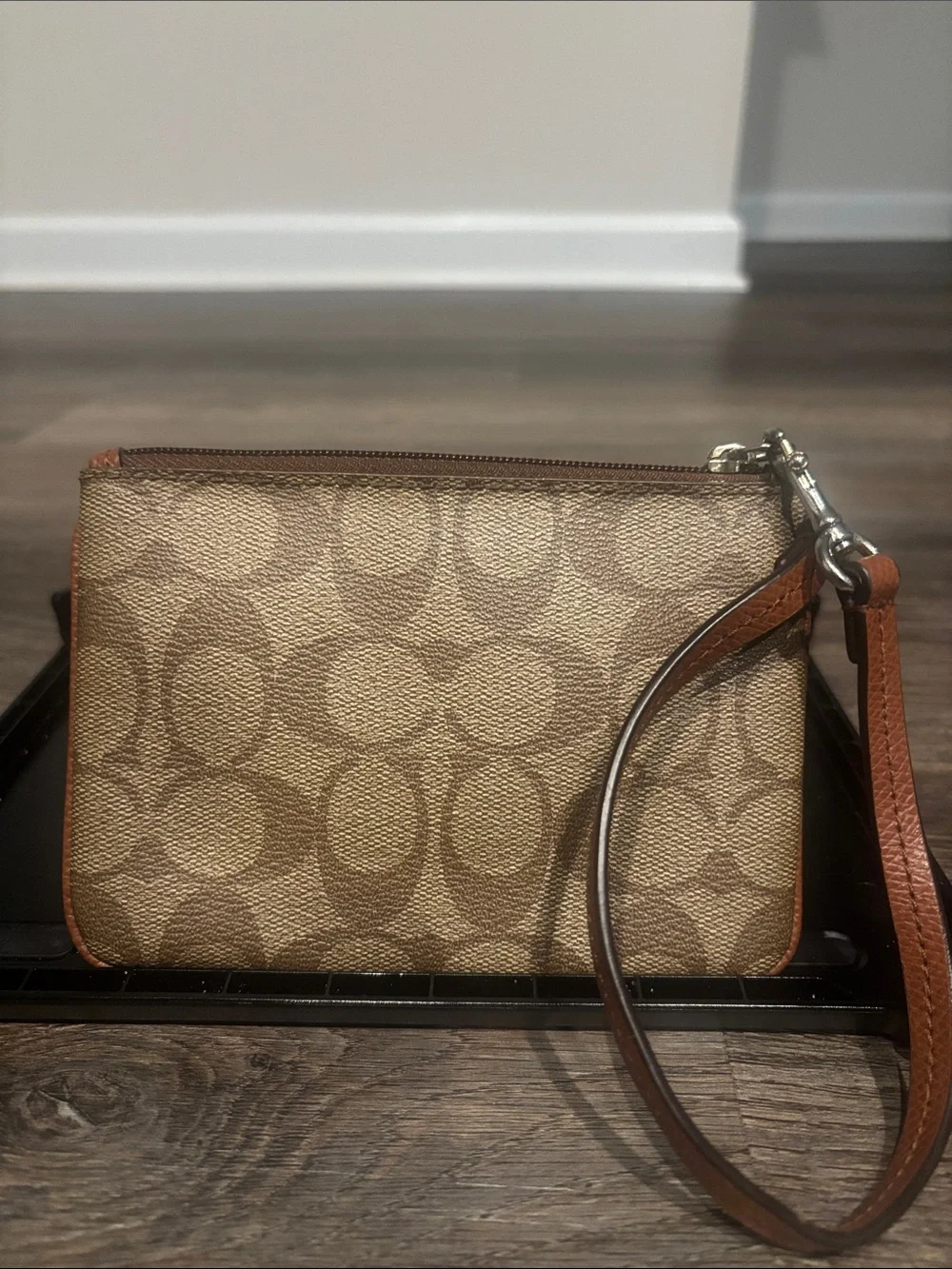 Coach Brown/Tan Signature Canvas Wristlet with Leather Stripe